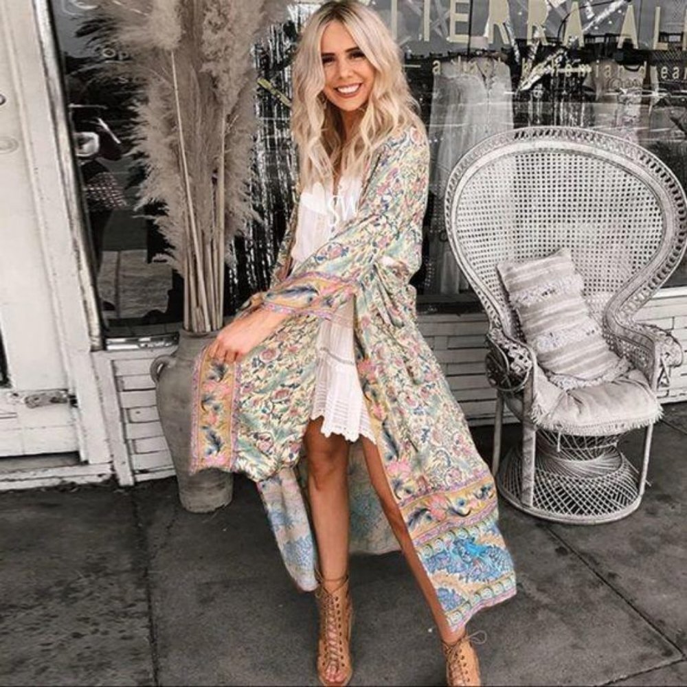 Luxe Bohemian Gypsy Print Kimono Wrap CoverUp - Picture 5 of 11